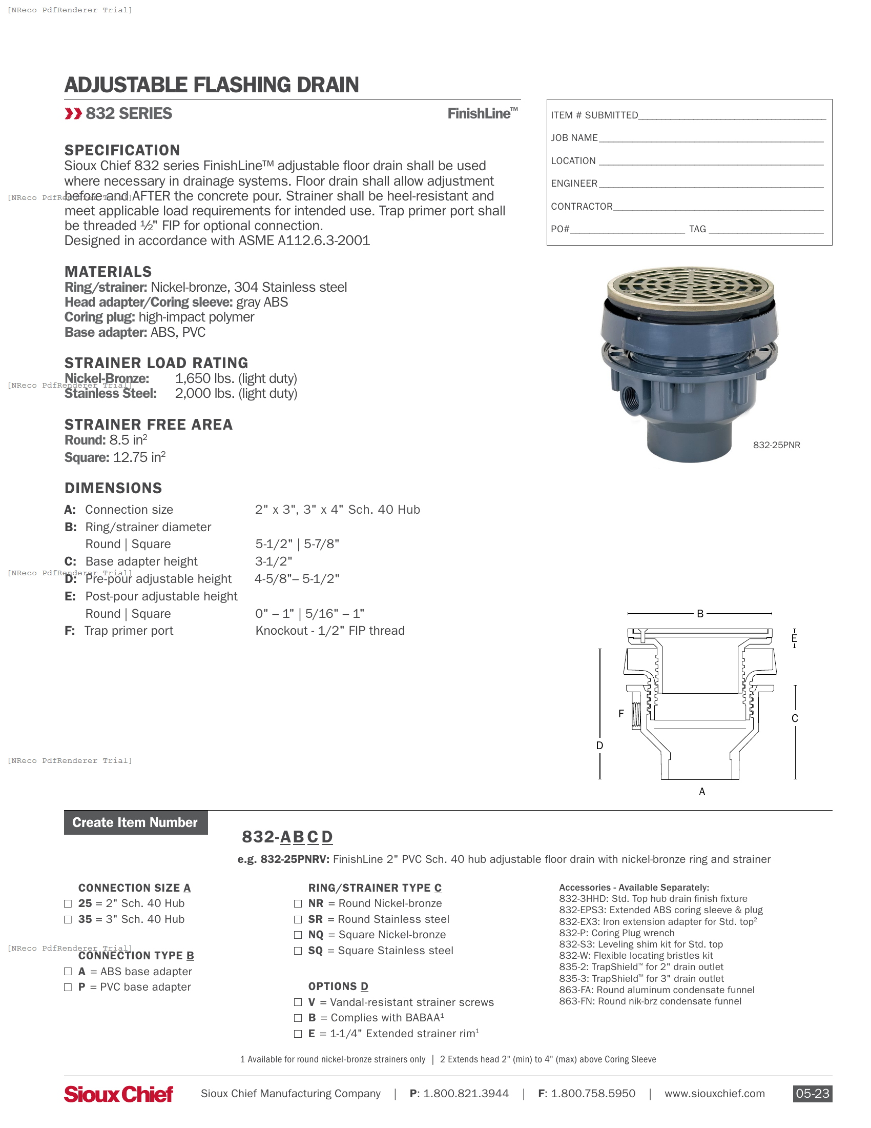 832 SERIES - FINISHLINE ADJUSTABLE FLOOR DRAIN SCH40 (SM) - SPEC SHEET.PDF Specification Document